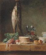 Jean Baptiste Simeon Chardin Style life with fish, Grunzeug, Gougeres shot el as well as oil and vinegar pennant on a table USA oil painting reproduction